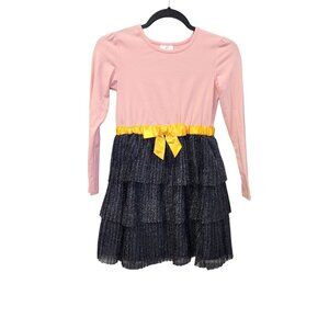 Hanna Andersson Girls 140 Pink & Black Glitter Tiered Dress W/ Yellow Bow  2559